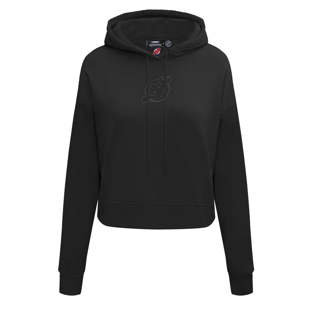 NHL NEW JERSEY DEVILS NEUTRAL WOMEN'S CROPPED PULLOVER HOODIE (BLACK)