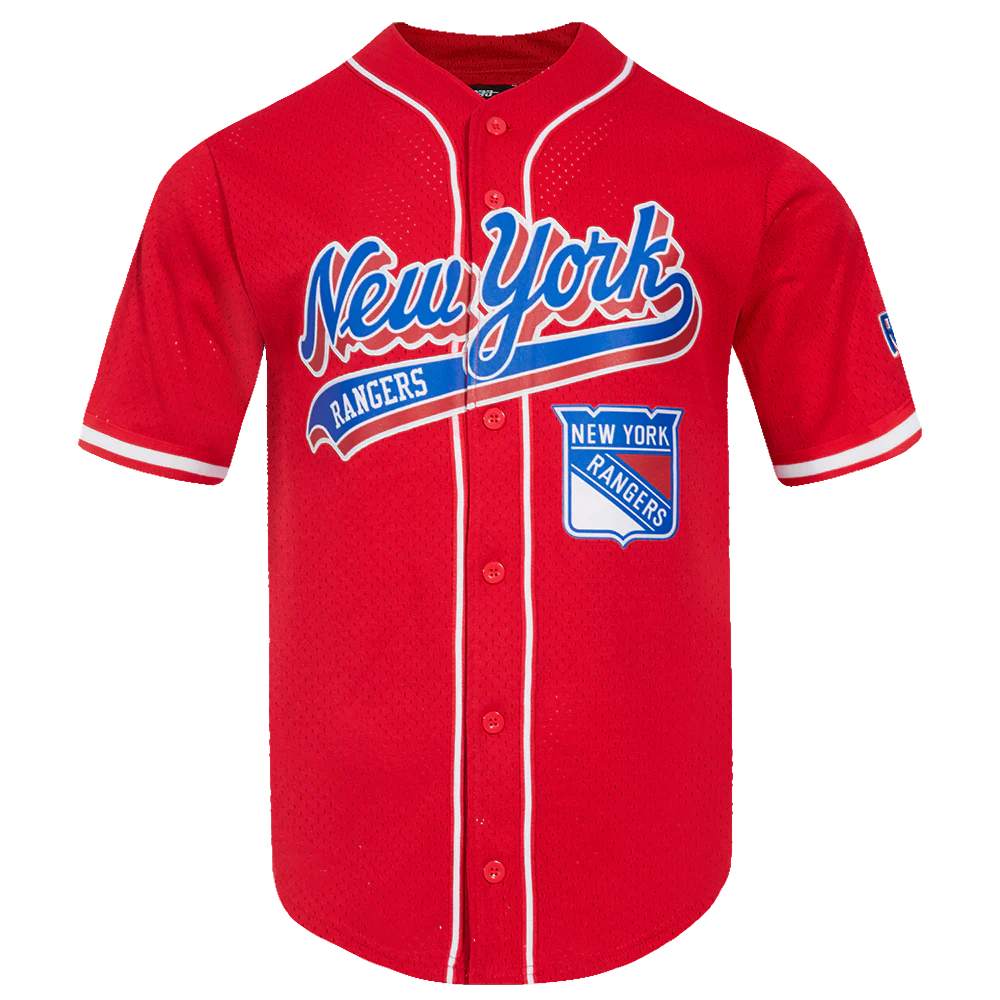 NHL NEW YORK RANGERS SCRIPT TAIL MEN'S MESH BUTTON DOWN SHIRT (RED)