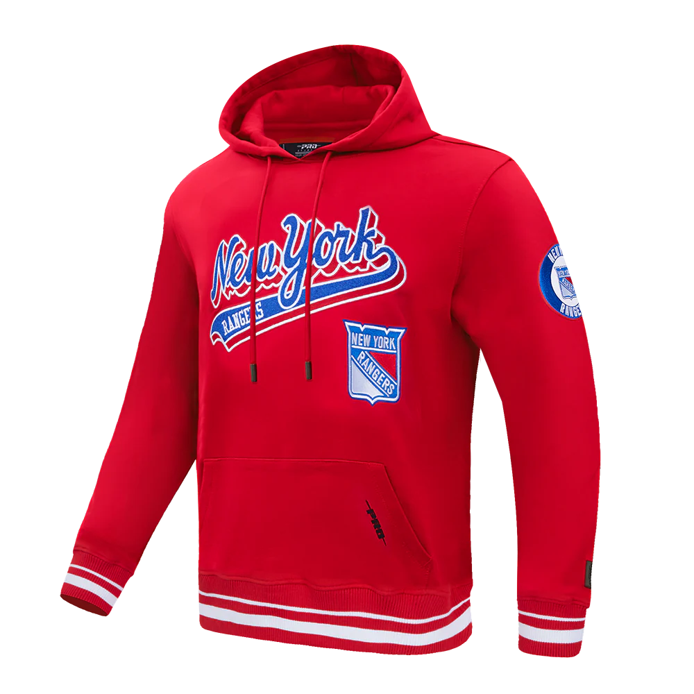 NHL NEW YORK RANGERS SCRIPT TAIL MEN'S RIB FLEECE PULLOVER HOODIE (RED) - Image 2