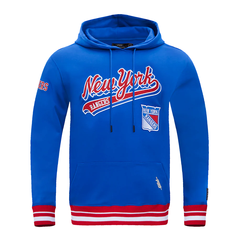 NHL NEW YORK RANGERS SCRIPT TAIL MEN'S RIB FLEECE PULLOVER HOODIE (ROYAL BLUE/RED)