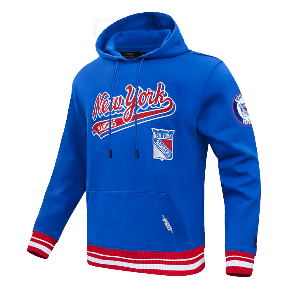 NHL NEW YORK RANGERS SCRIPT TAIL MEN'S RIB FLEECE PULLOVER HOODIE (ROYAL BLUE/RED) - Image 2