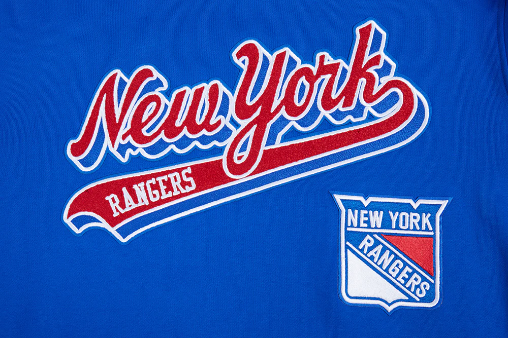 NHL NEW YORK RANGERS SCRIPT TAIL MEN'S RIB FLEECE PULLOVER HOODIE (ROYAL BLUE/RED) - Image 7