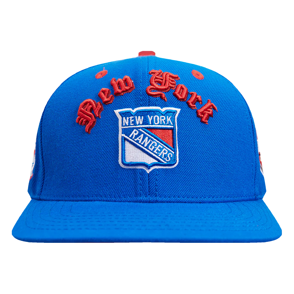 NHL NEW YORK RANGERS OLD ENGLISH UNISEX 6 PANEL SNAPBACK HAT (ROYAL BLUE)