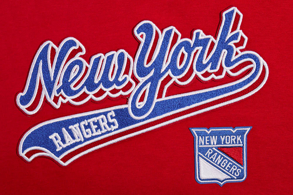 NHL NEW YORK RANGERS SCRIPT TAIL WOMEN'S RIB FLEECE CROPPED PULLOVER HOODIE (RED) - Image 6