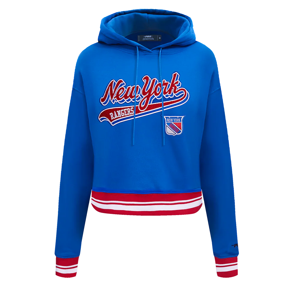 NHL NEW YORK RANGERS SCRIPT TAIL WOMEN'S RIB FLEECE CROPPED PULLOVER HOODIE (ROYAL BLUE/RED)