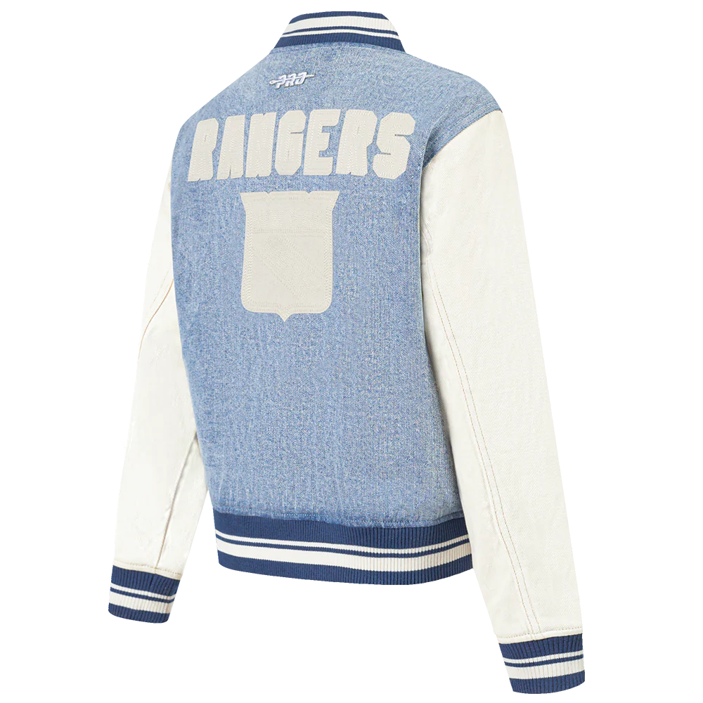 NHL NEW YORK RANGERS VARSITY BLUES WOMEN'S DENIM VARSITY JACKET (DENIM/LINEN) - Image 4