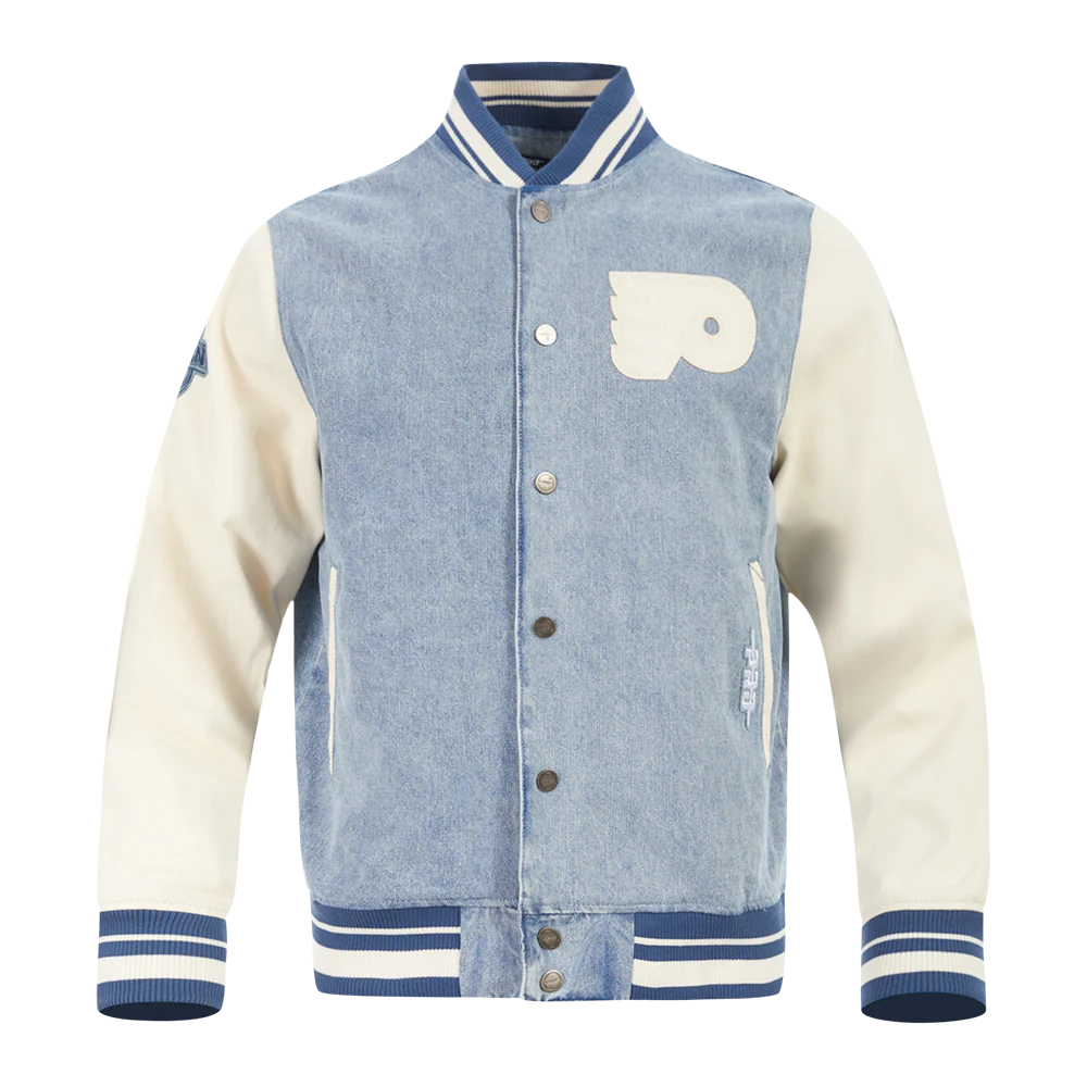 NHL PHILADELPHIA FLYERS VARSITY BLUES MEN'S DENIM VARSITY JACKET (DENIM/LINEN)