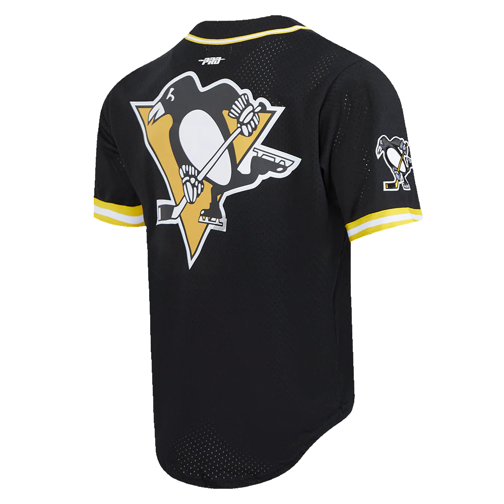 NHL PITTSBURGH PENGUINS SCRIPT TAIL MEN'S MESH BUTTON DOWN SHIRT (BLACK/YELLOW) - Image 4