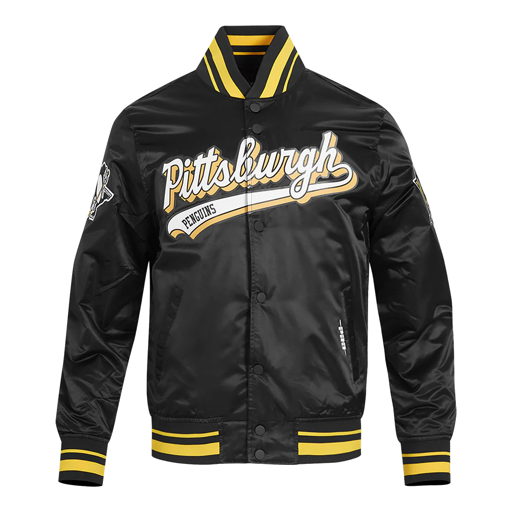 NHL PITTSBURGH PENGUINS SCRIPT TAIL MEN'S SATIN JACKET (BLACK/YELLOW)