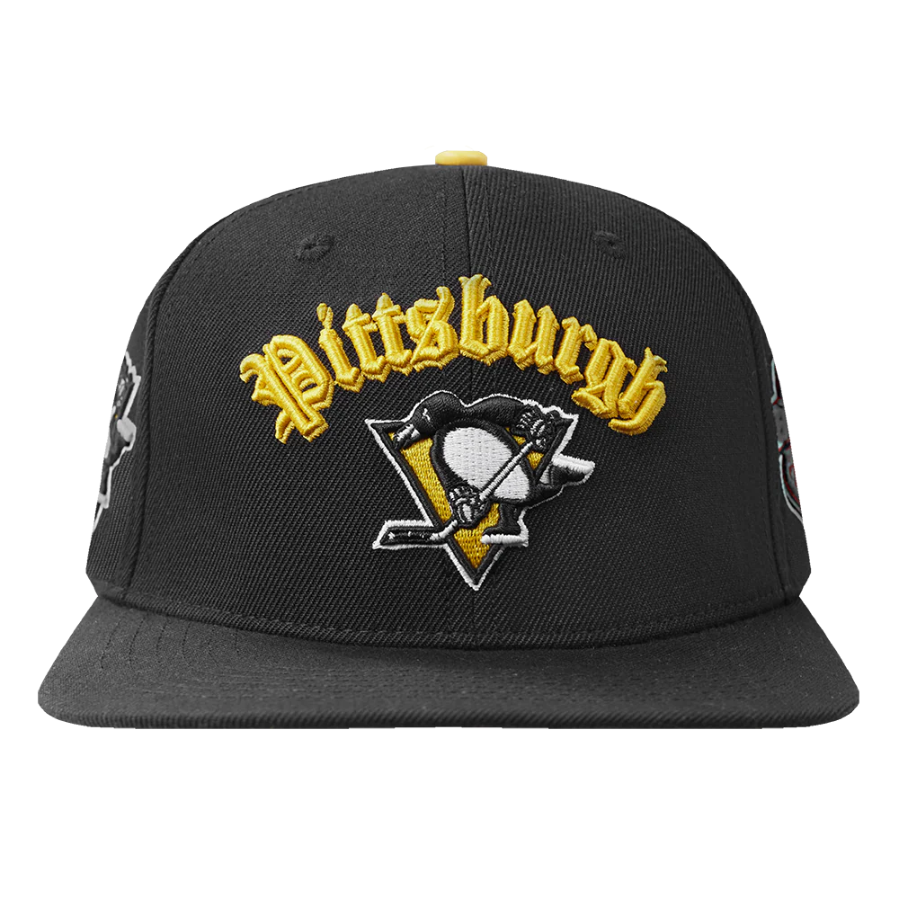 NHL PITTSBURGH PENGUINS OLD ENGLISH UNISEX 6 PANEL SNAPBACK HAT (BLACK)