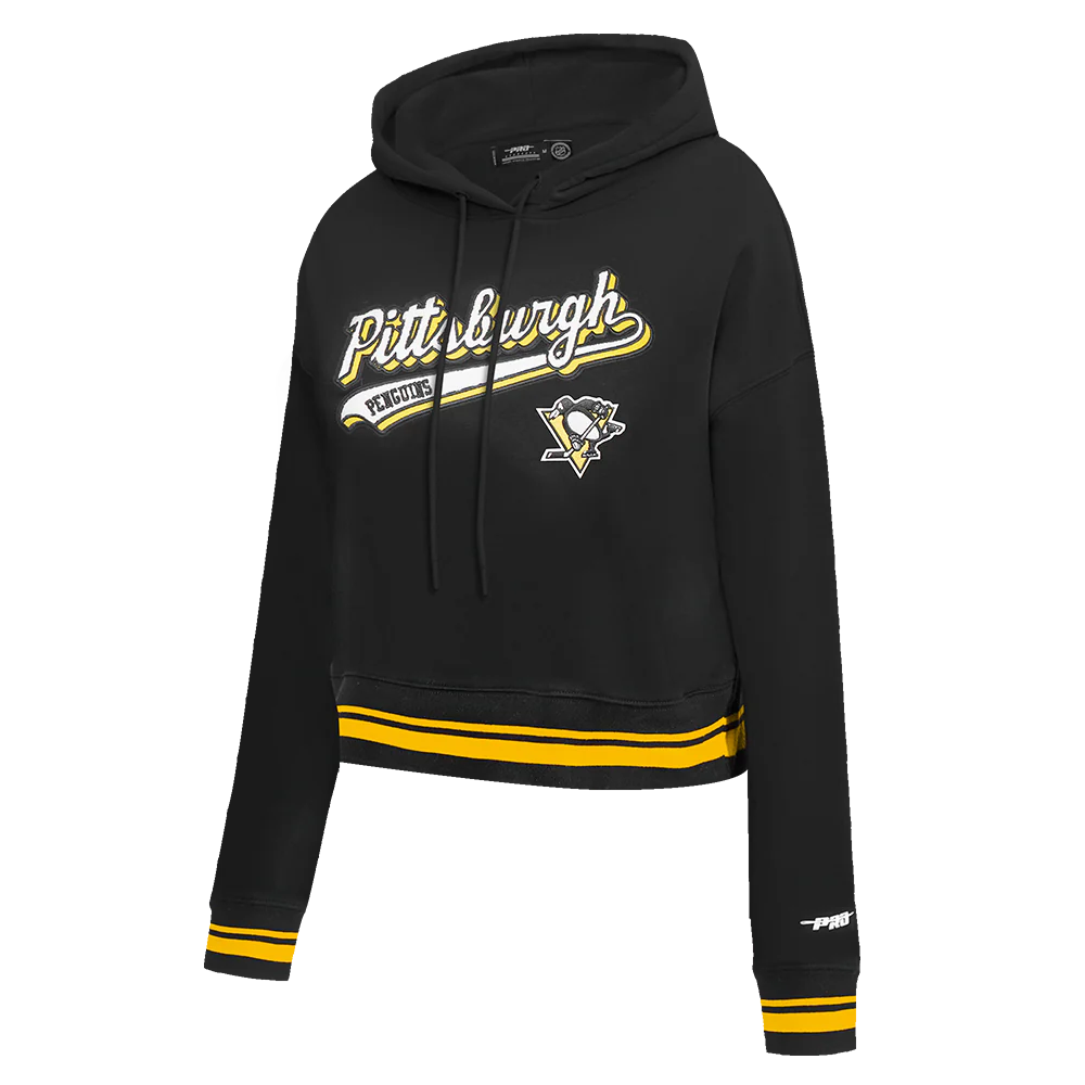 NHL PITTSBURGH PENGUINS SCRIPT TAIL WOMEN'S RIB FLEECE CROPPED PULLOVER HOODIE (BLACK/YELLOW) - Image 2