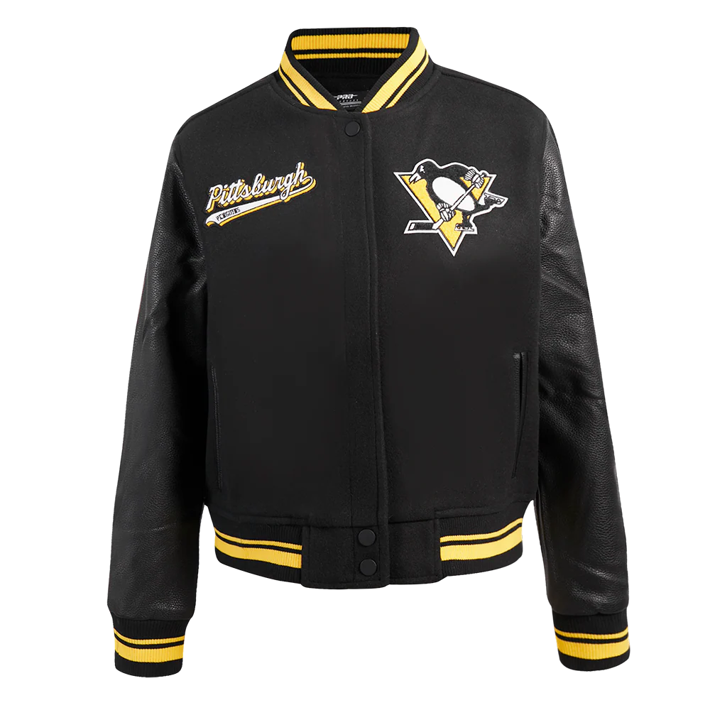 NHL PITTSBURGH PENGUINS SCRIPT TAIL WOMEN'S WOOL VARSITY JACKET (BLACK/YELLOW)