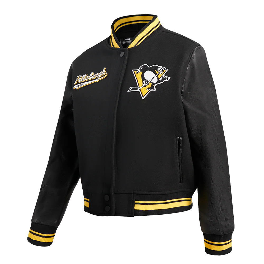 NHL PITTSBURGH PENGUINS SCRIPT TAIL WOMEN'S WOOL VARSITY JACKET (BLACK/YELLOW) - Image 2