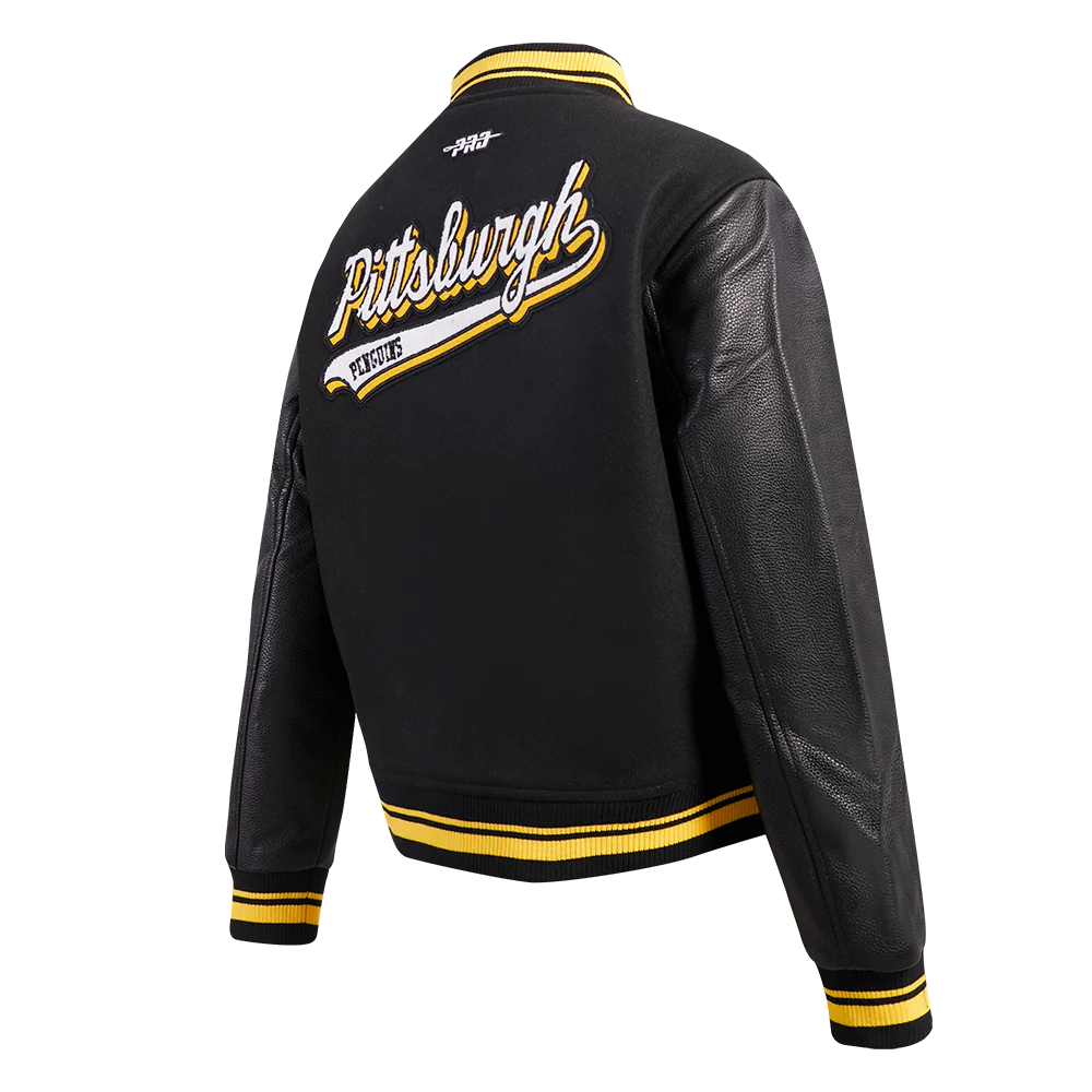 NHL PITTSBURGH PENGUINS SCRIPT TAIL WOMEN'S WOOL VARSITY JACKET (BLACK/YELLOW) - Image 4