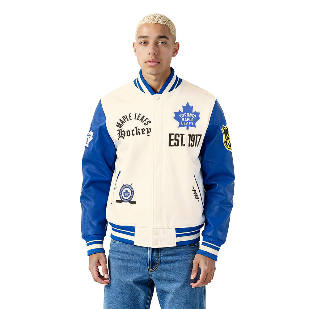 NHL TORONTO MAPLE LEAFS MODERN ORIGINALS MEN'S RIB WOOL VARSITY JACKET (EGGSHELL/DODGER BLUE)