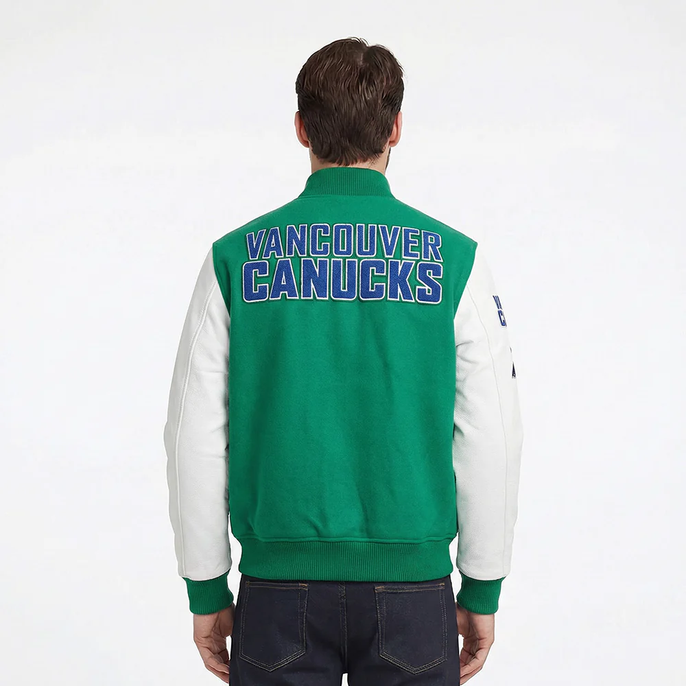 VANCOUVER CANUCKS CLASSIC MEN'S WOOL VARSITY JACKET (KELLY GREEN/ WHITE) - Image 2