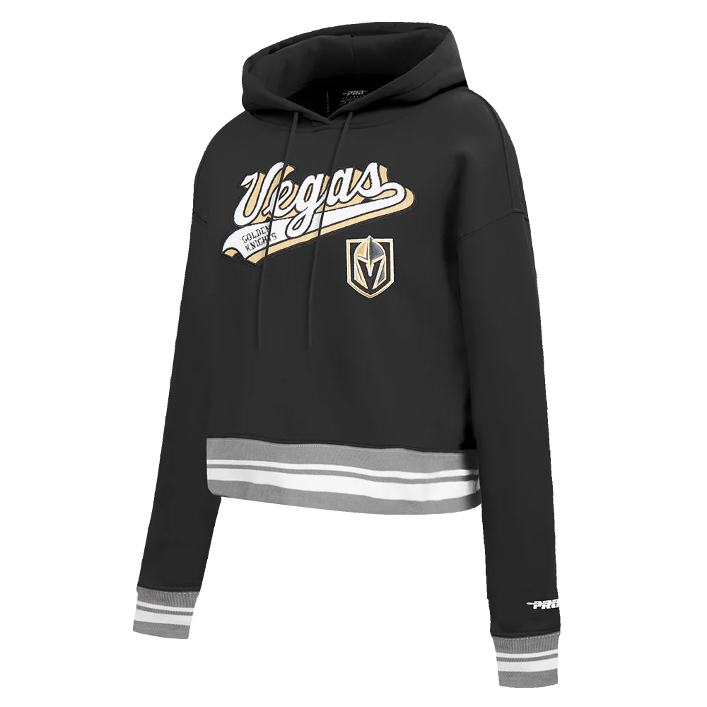 NHL VEGAS GOLDEN KNIGHTS SCRIPT TAIL WOMEN'S RIB FLEECE CROPPED PULLOVER HOODIE (BLACK/GRAY) - Image 2