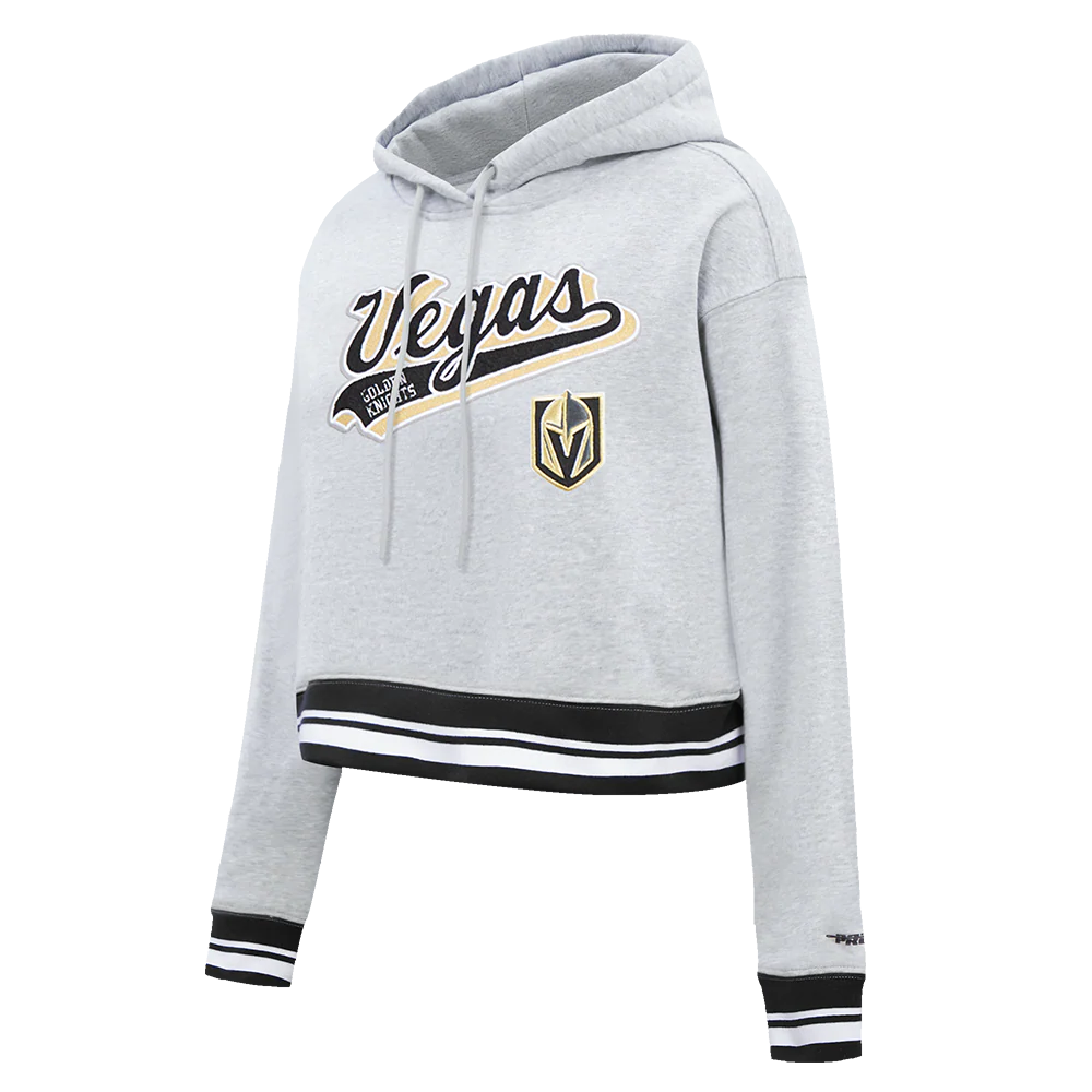 NHL VEGAS GOLDEN KNIGHTS SCRIPT TAIL WOMEN'S RIB FLEECE CROPPED PULLOVER HOODIE (HEATHER GRAY/BLACK) - Image 2