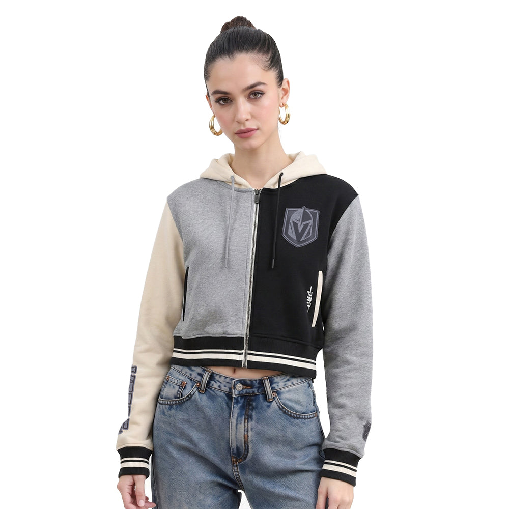 NHL VEGAS GOLDEN KNIGHTS REVERSE FRENCH TERRY WOMEN'S COLORBLOCK FLC FZ HOODIE (BLACK/GRAY/EGGSHELL)