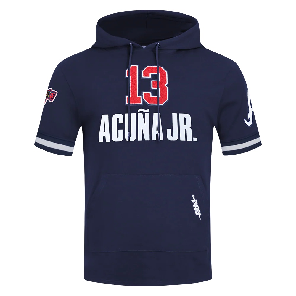 MLB ATLANTA BRAVES RONALD ACUNA JR. #13 CLASSIC MEN'S SHORT SLEEVE PULLOVER HOODIE (MIDNIGHT NAVY)