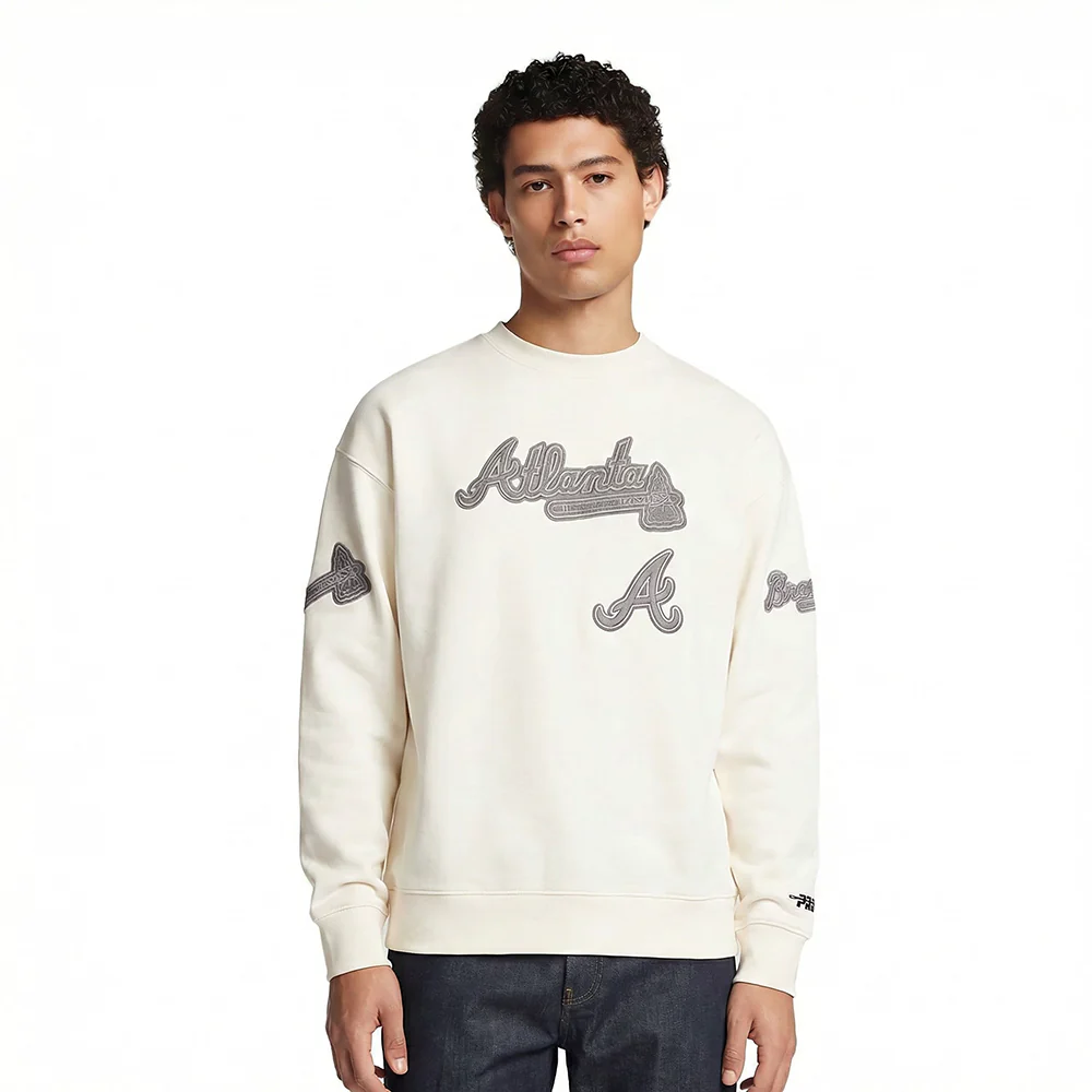 MLB ATLANTA BRAVES REVERSE FRENCH TERRY MEN'S DROP SHOULDER FLEECE CREWNECK (EGGSHELL)