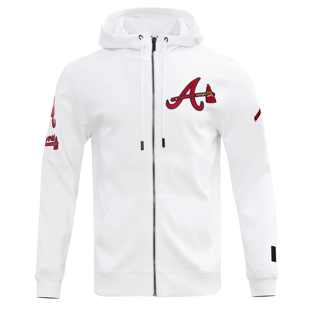 MLB ATLANTA BRAVES CLASSIC CHENILLE MEN'S FULL ZIP PULLOVER HOODIE (WHITE)