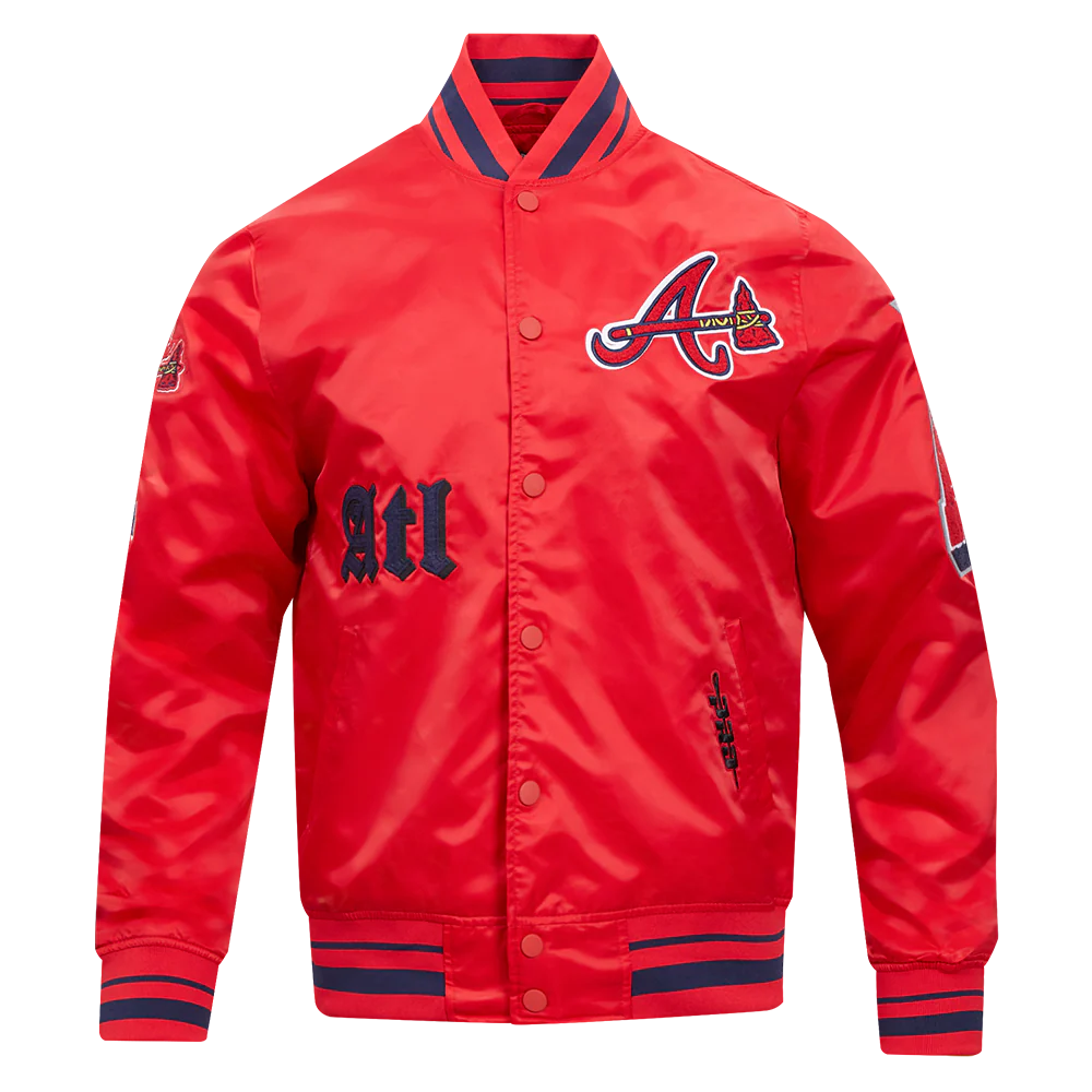 MLB ATLANTA BRAVES OLD ENGLISH MEN'S RIB SATIN JACKET (RED/MIDNIGHT NAVY/RED)