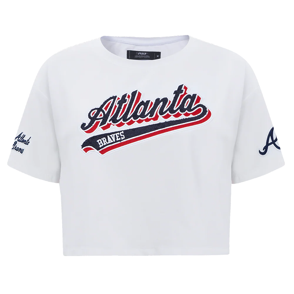 MLB ATLANTA BRAVES SCRIPT TAIL WOMEN'S SINGLE JERSEY BOXY TOP (WHITE)