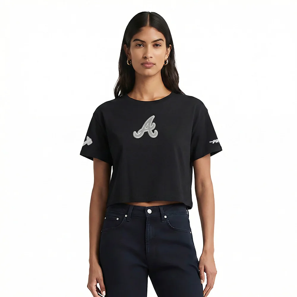 MLB ATLANTA BRAVES REVERSE FRENCH TERRY WOMEN'S SINGLE JERSEY BOXY TOP (BLACK)
