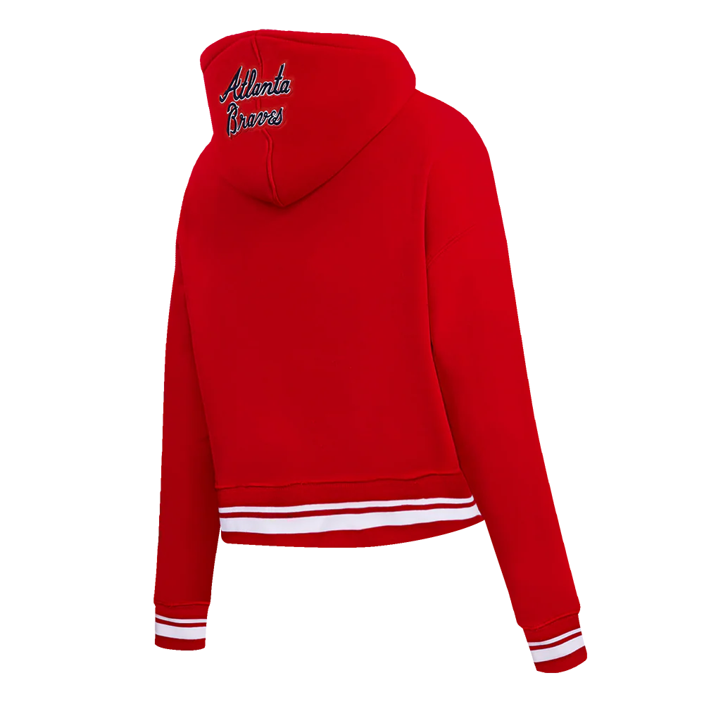 MLB ATLANTA BRAVES SCRIPT TAIL WOMEN'S RIB FLEECE CROPPED PULLOVER HOODIE (RED) - Image 4