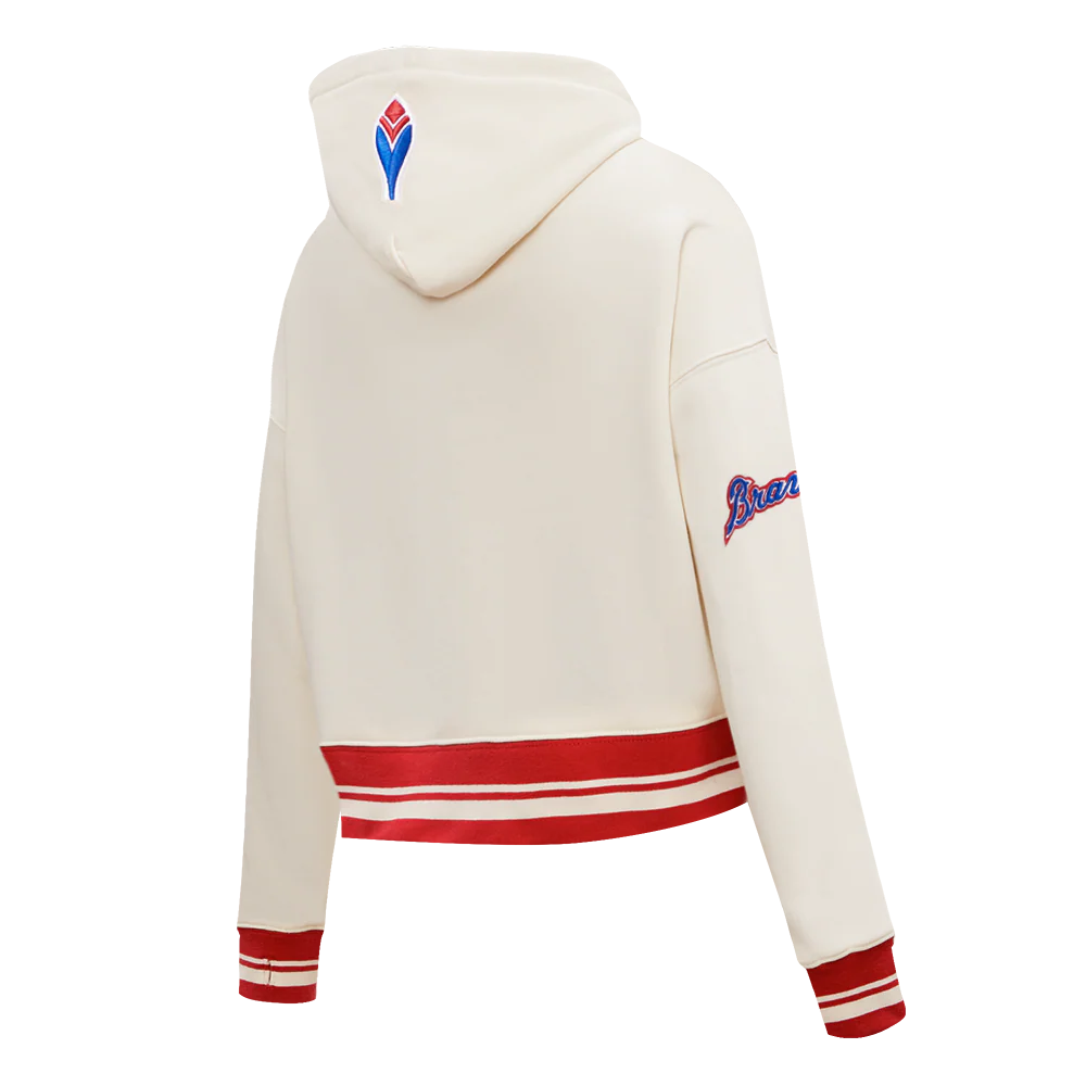 MLB ATLANTA BRAVES RETRO CLASSIC WOMEN'S RIB CROPPED PULLOVER HOODIE (EGGSHELL/ RED) - Image 3