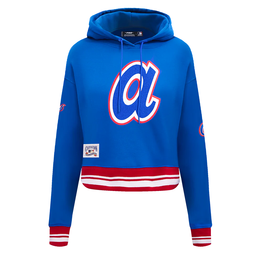 MLB ATLANTA BRAVES RETRO CLASSIC WOMEN'S RIB CROPPED PULLOVER HOODIE (ROYAL BLUE/RED)