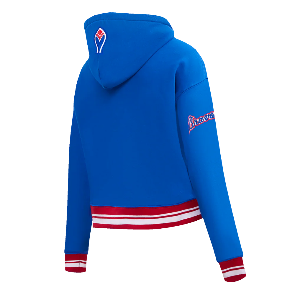 MLB ATLANTA BRAVES RETRO CLASSIC WOMEN'S RIB CROPPED PULLOVER HOODIE (ROYAL BLUE/RED) - Image 3