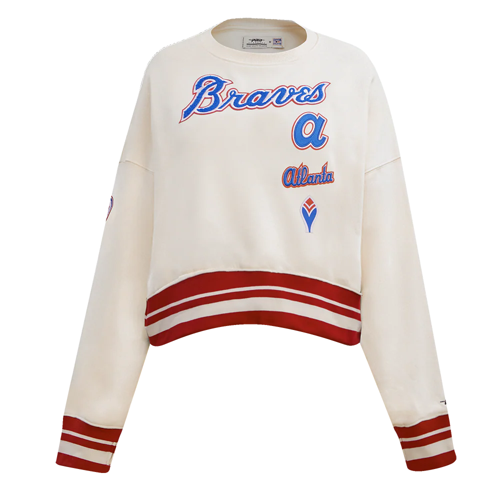MLB ATLANTA BRAVES RETRO CLASSIC WOMEN'S RIB FLEECE CREWNECK (EGGSHELL/ RED)