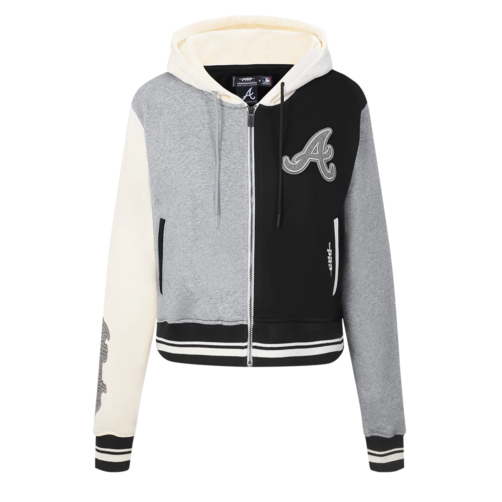 MLB ATLANTA BRAVES REVERSE FRENCH TERRY WOMEN'S COLORBLOCK FLC FZ HOO (BLACK/GRAY/EGGSHELL) - Image 3