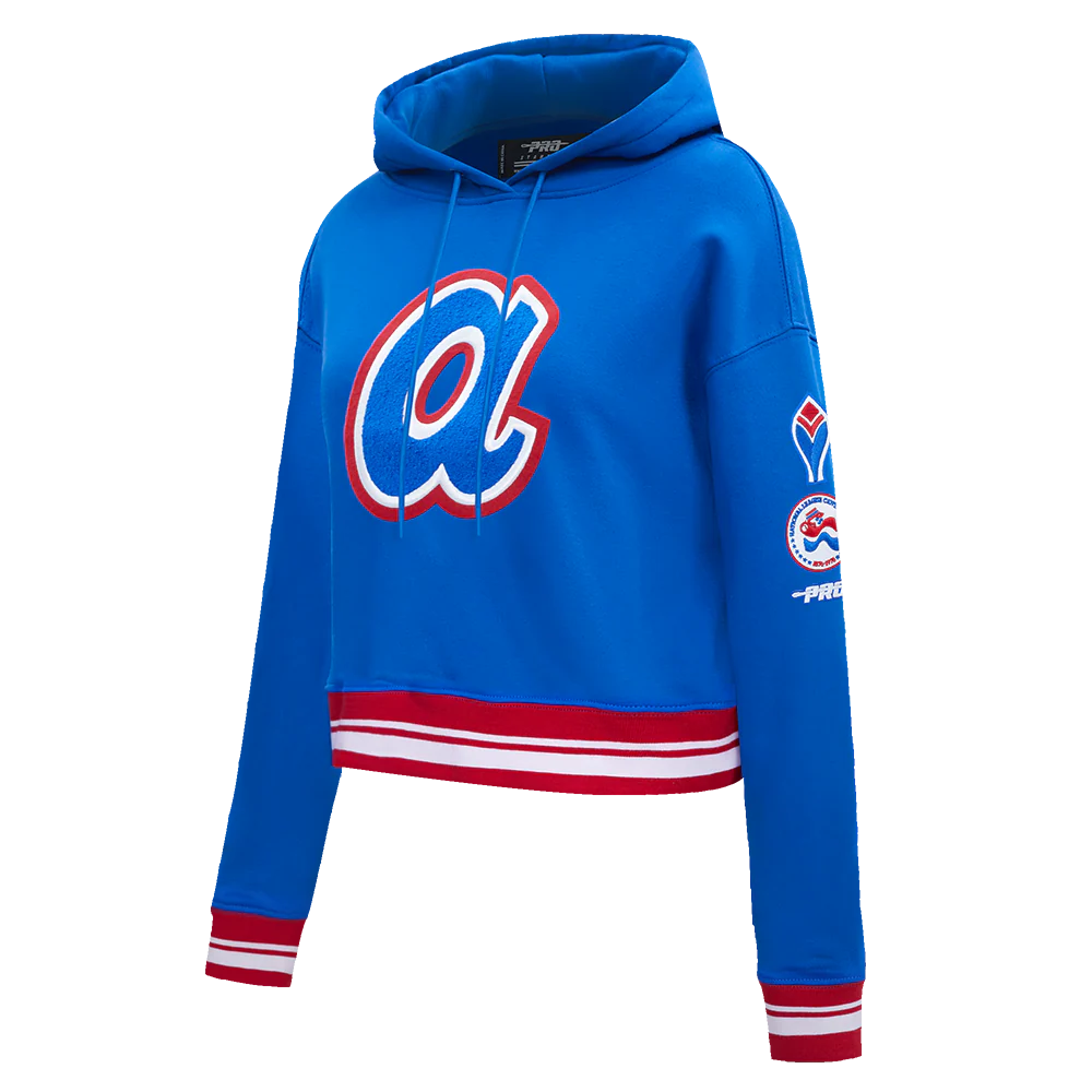 MLB ATLANTA BRAVES RETRO CLASSICS WOMEN'S CROPPED PULLOVER HOODIE (ROYAL BLUE/RED) - Image 3
