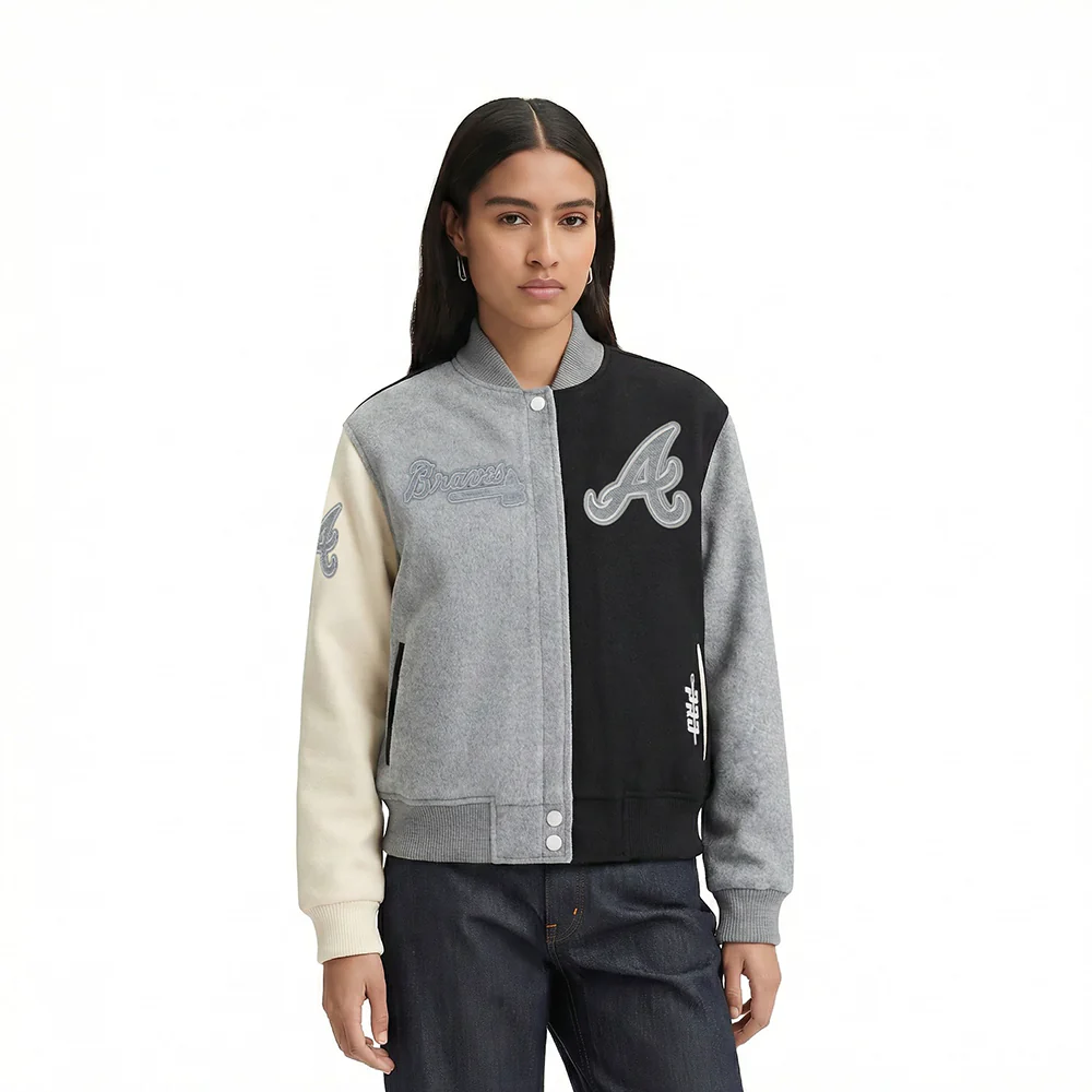 MLB ATLANTA BRAVES REVERSE FRENCH TERRY WOMEN'S WOOL VARSITY JACKET (BLACK/GRAY/EGGSHELL)