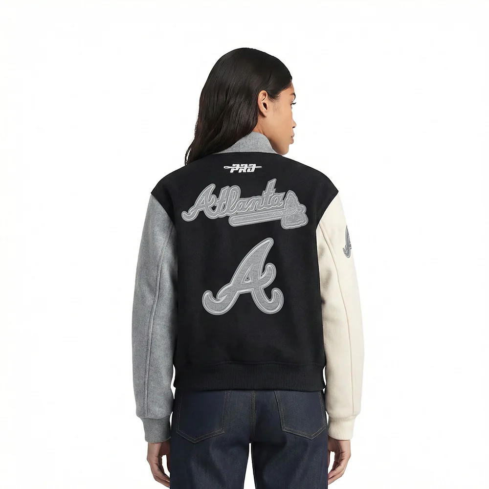 MLB ATLANTA BRAVES REVERSE FRENCH TERRY WOMEN'S WOOL VARSITY JACKET (BLACK/GRAY/EGGSHELL) - Image 2