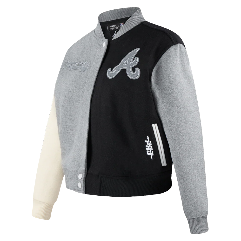 MLB ATLANTA BRAVES REVERSE FRENCH TERRY WOMEN'S WOOL VARSITY JACKET (BLACK/GRAY/EGGSHELL) - Image 4