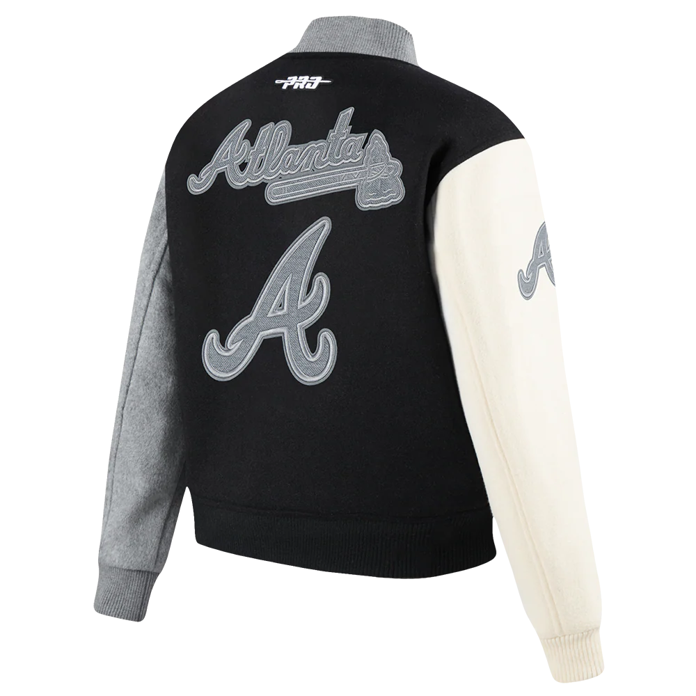 MLB ATLANTA BRAVES REVERSE FRENCH TERRY WOMEN'S WOOL VARSITY JACKET (BLACK/GRAY/EGGSHELL) - Image 5