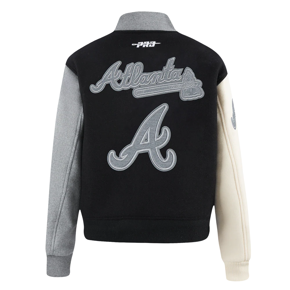 MLB ATLANTA BRAVES REVERSE FRENCH TERRY WOMEN'S WOOL VARSITY JACKET (BLACK/GRAY/EGGSHELL) - Image 6