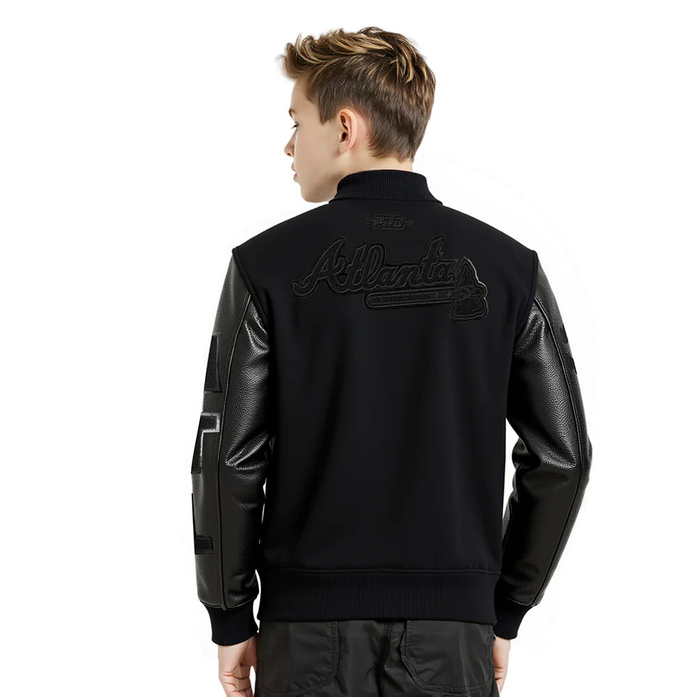 MLB ATLANTA BRAVES TRIPLE BLACK LITTLE BOYS WOOL VARSITY JACKET (JET BLACK) - Image 2