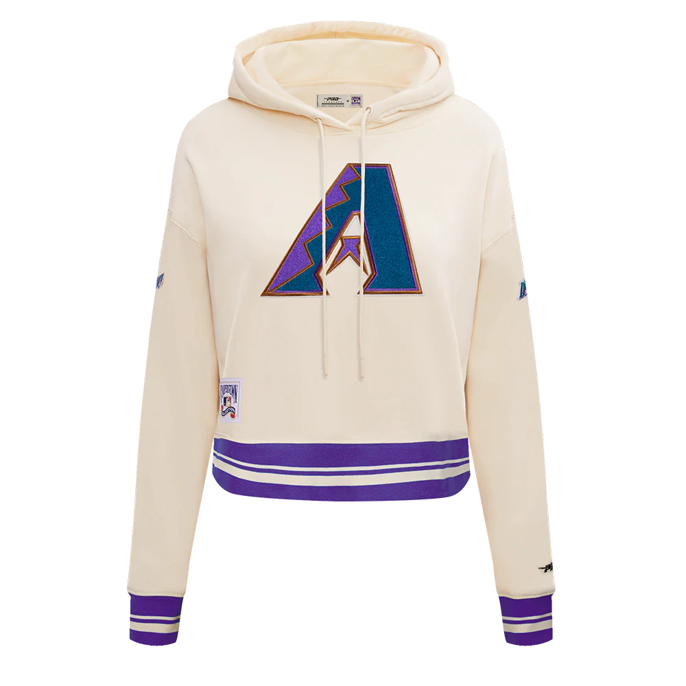 MLB ARIZONA DIAMONDBACKS RETRO CLASSIC WOMEN'S RIB CROPPED PULLOVER HOODIE (EGGSHELL/ PURPLE)