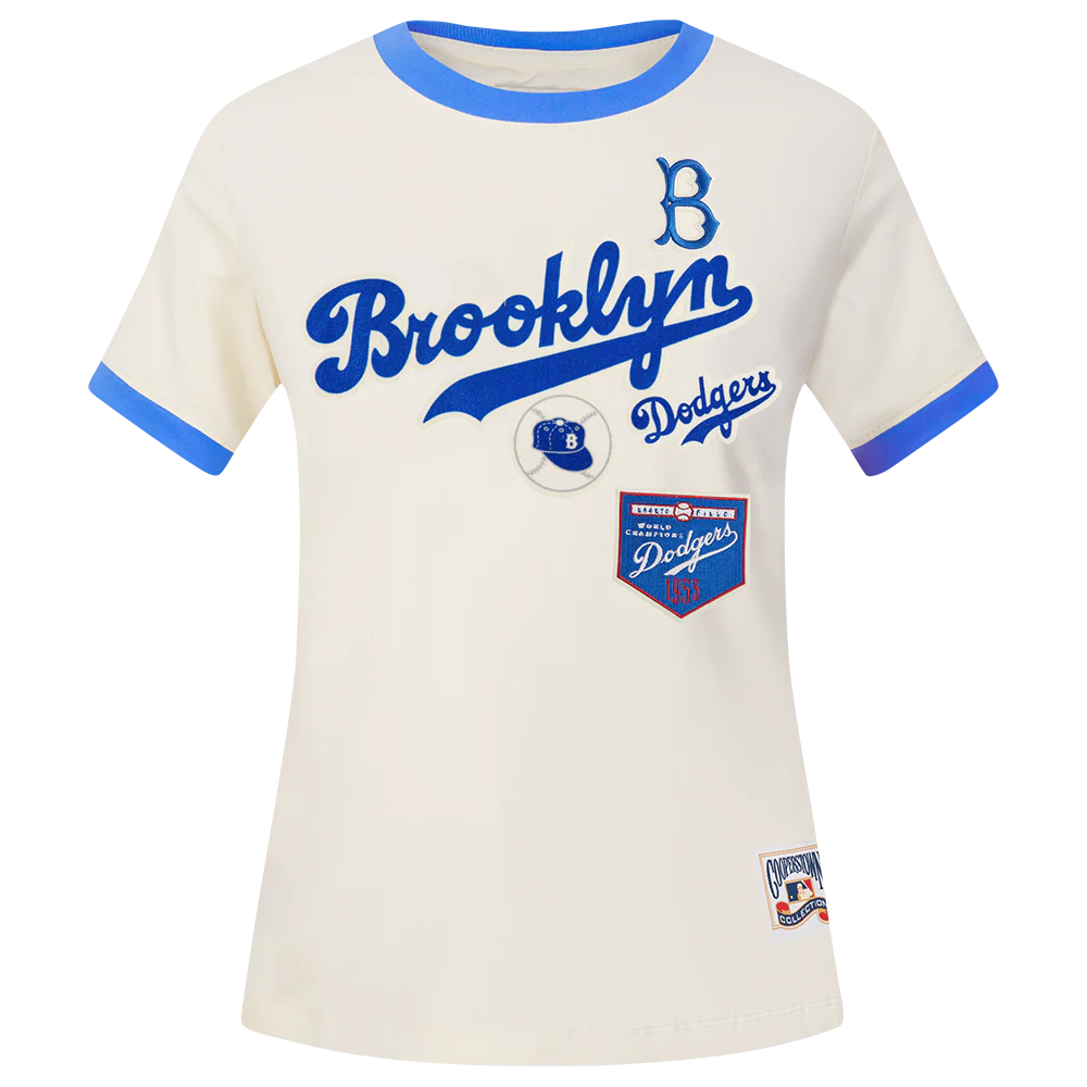 MLB BROOKLYN DODGERS RETRO CASCADE WOMEN'S RINGER TOP (EGGSHELL/ROYAL BLUE)