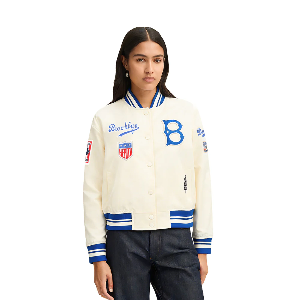 MLB BROOKLYN DODGERS RETRO CLASSICS WOMEN'S SATIN JACKET (EGGSHELL/ROYAL BLUE)
