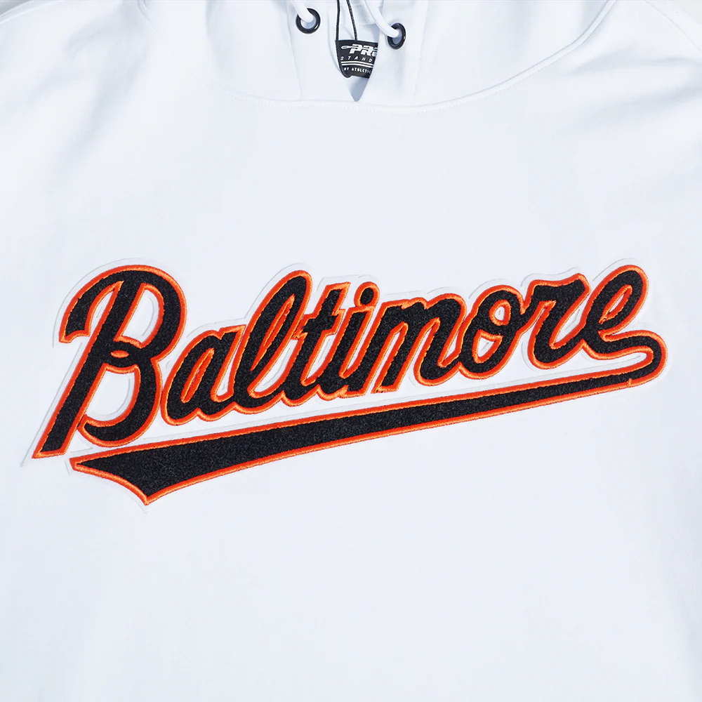MLB BALTIMORE ORIOLES CLASSIC CHENILLE MEN'S DOUBLE KNIT SHORT SLEEVE PULLOVER HOODIE (WHITE/BLACK) - Image 5