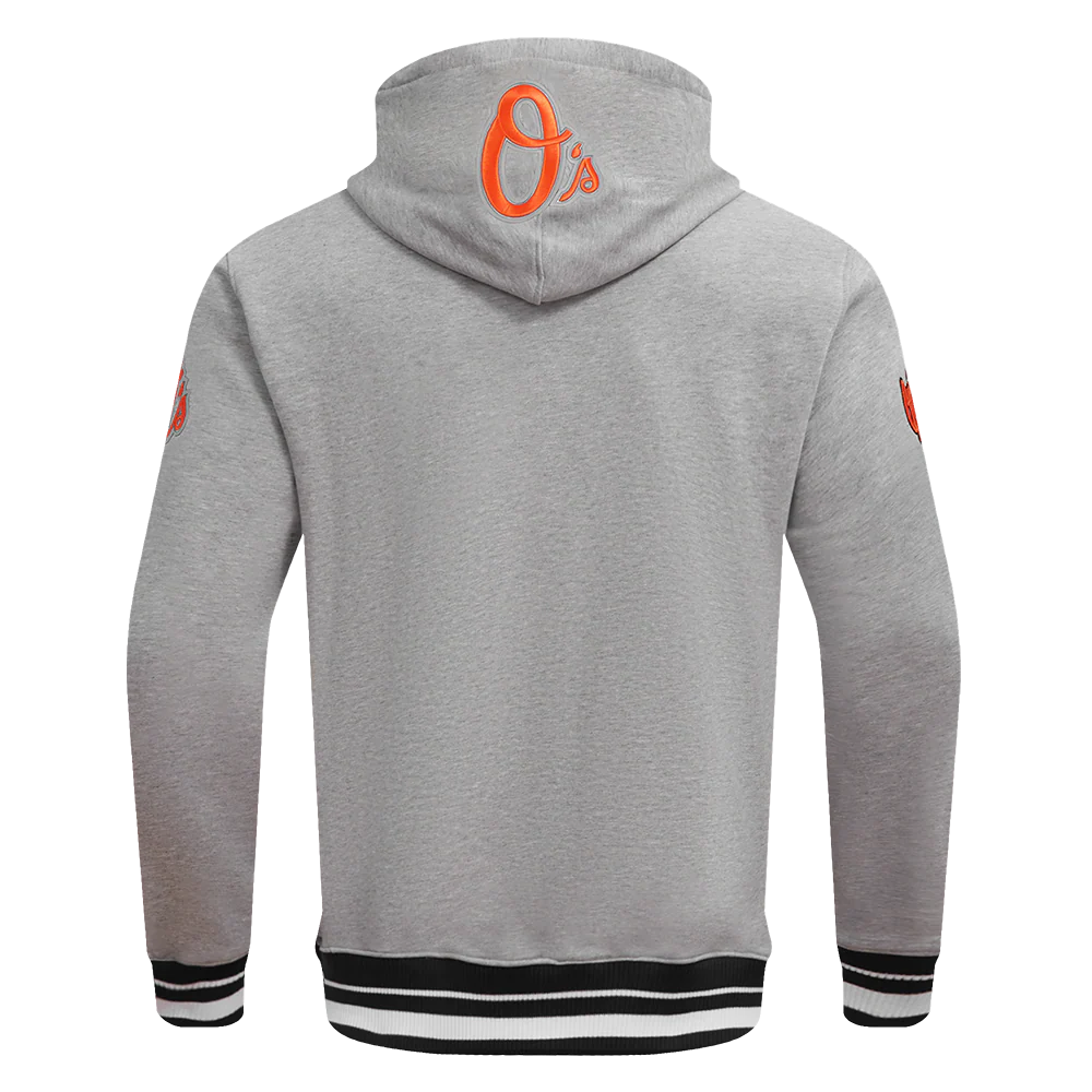 MLB BALTIMORE ORIOLES SCRIPT TAIL MEN'S RIB FLEECE PULLOVER HOODIE (HEATHER GRAY/BLACK) - Image 3