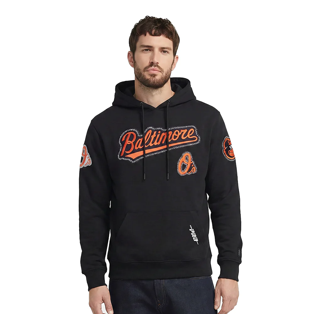 MLB BALTIMORE ORIOLES DIY PICK STITCH MEN'S DOUBLE KNIT PULLOVER HOODIE (BLACK)