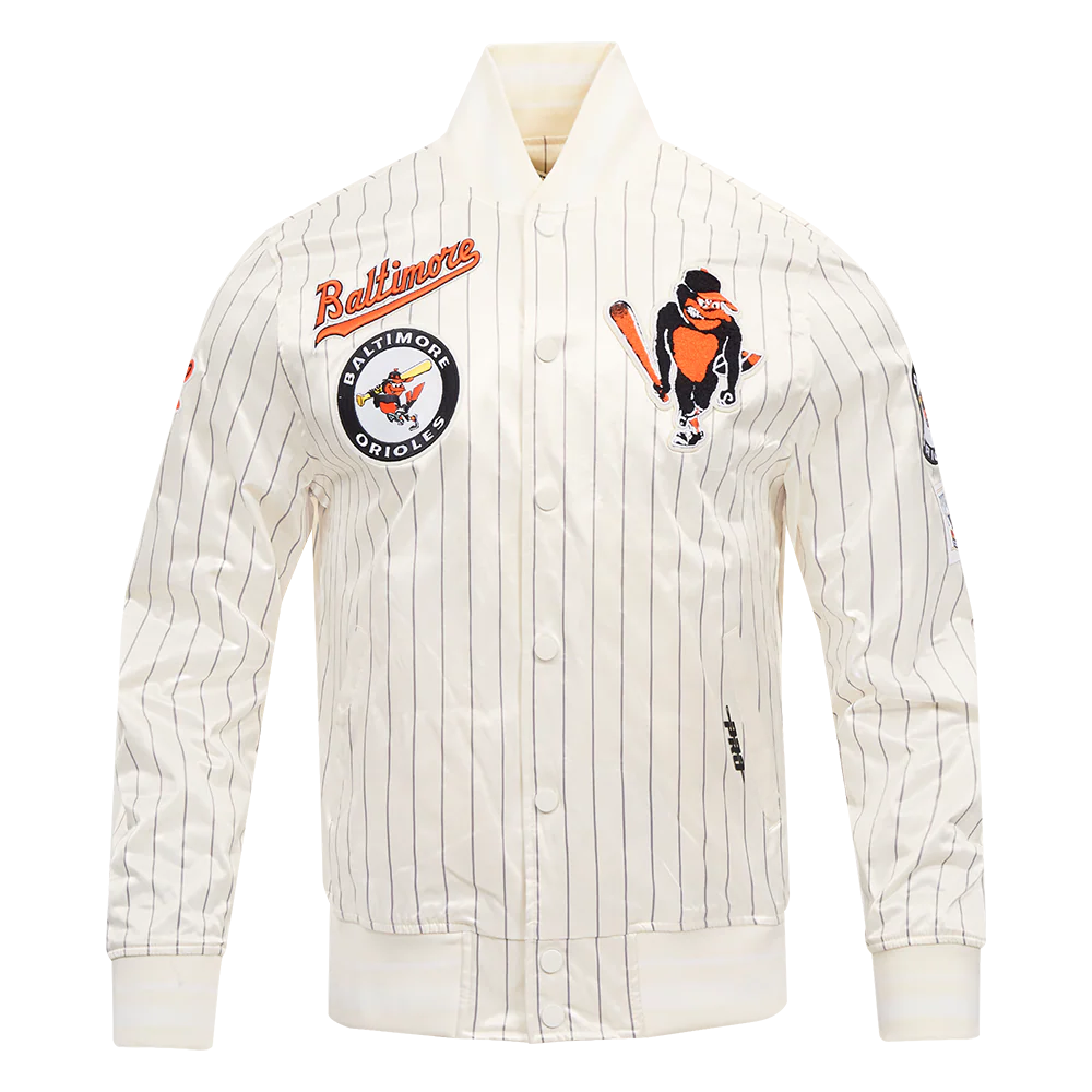 MLB BALTIMORE ORIOLES PINSTRIPE RETRO CLASSIC MEN'S RIB SATIN JACKET (EGGSHELL/ GREY)