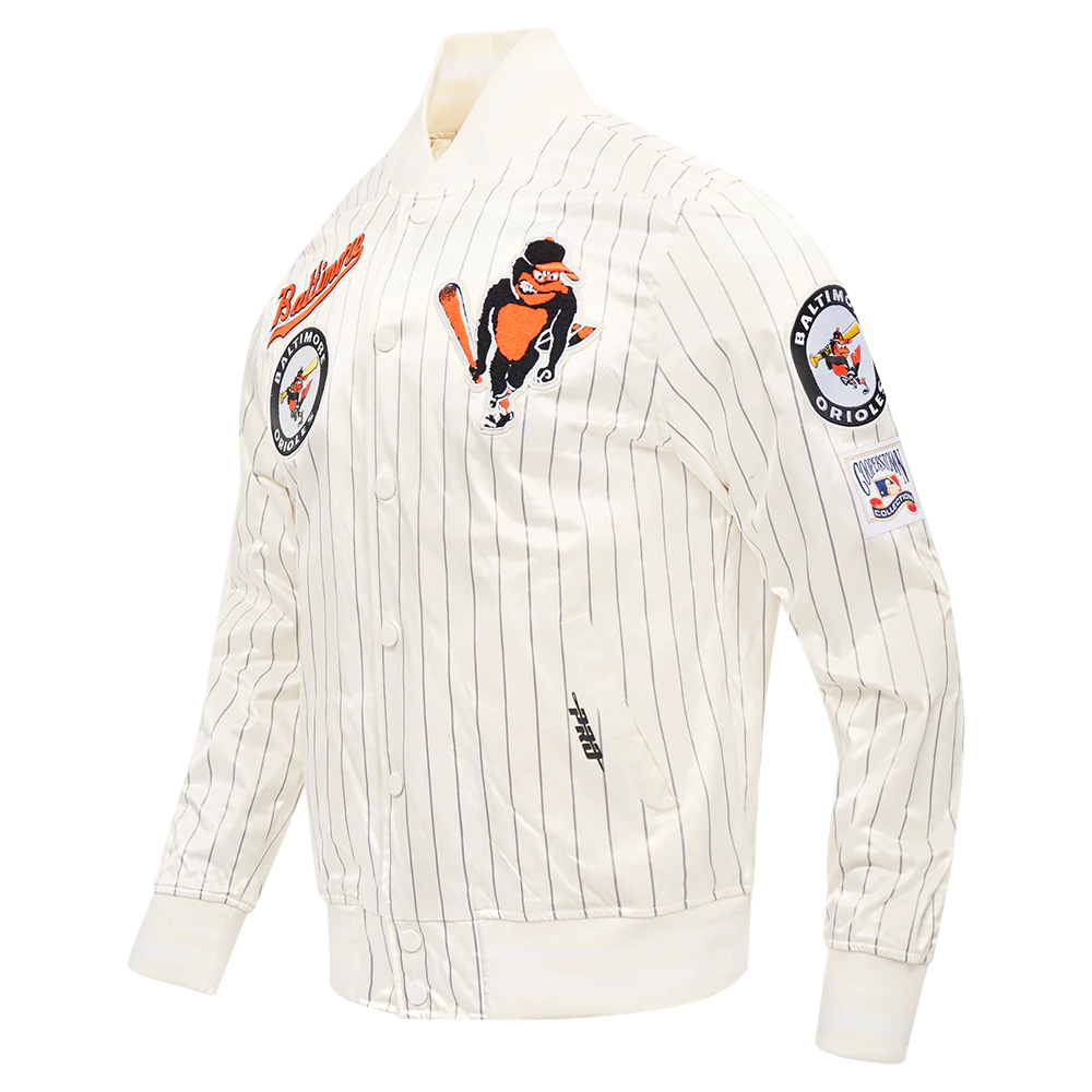 MLB BALTIMORE ORIOLES PINSTRIPE RETRO CLASSIC MEN'S RIB SATIN JACKET (EGGSHELL/ GREY) - Image 2